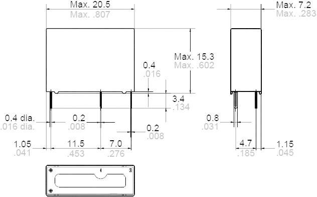 Dessin technique d'un composant rectangulaire avec des dimensions en millimètres et en pouces. Vue de face et vue latérale, position des contacts.
