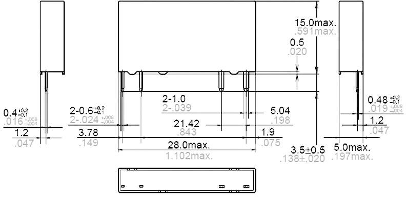 Dessin technique d'un composant électronique avec dimensions en millimètres. Largeur : 28,0 mm ; Hauteur : 15,0 mm ; vues verticale et horizontale présentées.