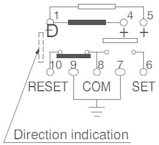 Schéma de circuit électrique avec contacts numérotés de 1 à 10 et étiquettes 'RESET', 'COM', 'SET'. Direction indiquée.