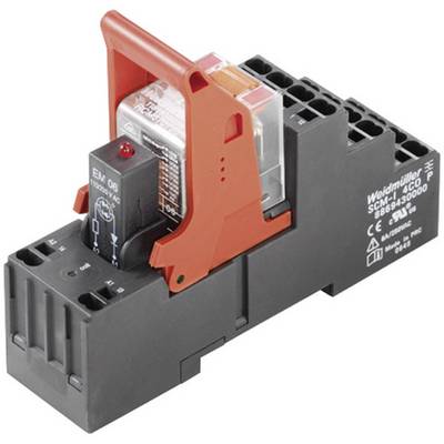 Module relais Weidmüller SBG9450000, boîtier noir avec levier rouge, imprime les spécifications techniques sur la surface.