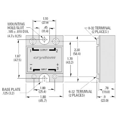 Illustration d'un relais statique avec dimensions et connexions. Dimensions marquées pour le montage et les connexions en pouces et en millimètres.