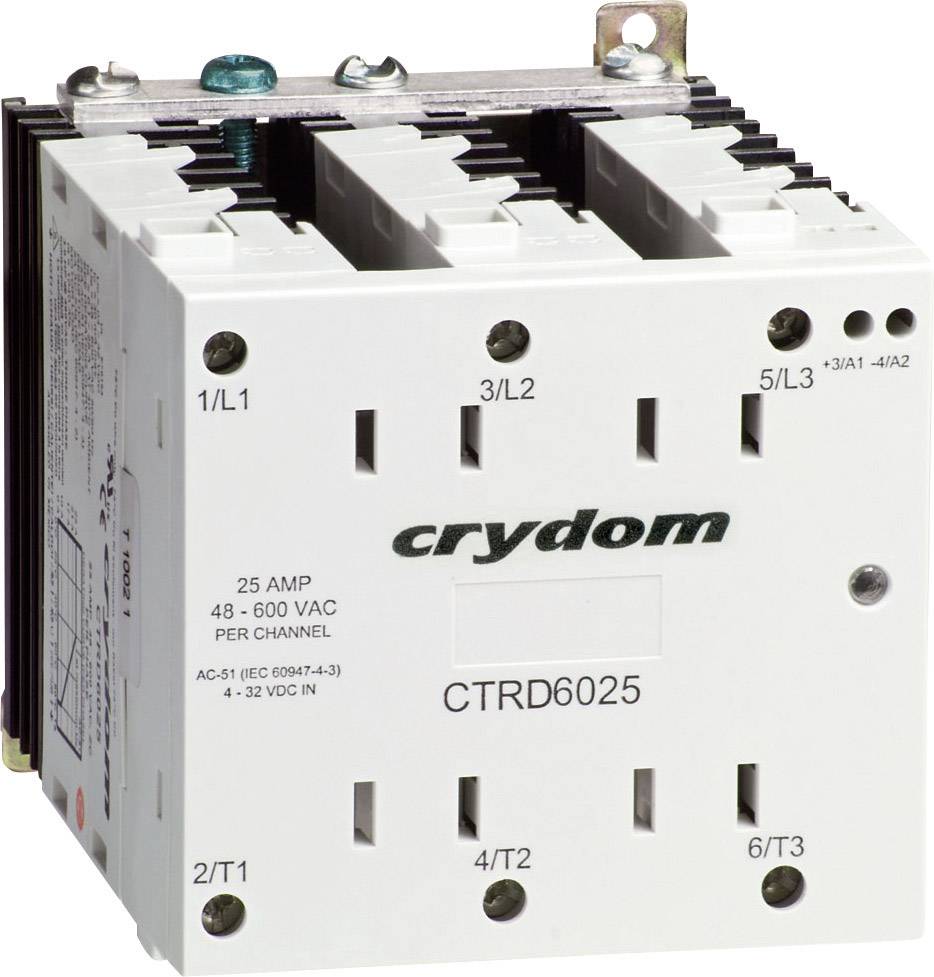 Un modèle de relais Crydom portant la référence 'CTRD6025', adapté pour 48-600 VAC et 25 ampères, illustre les connexions.