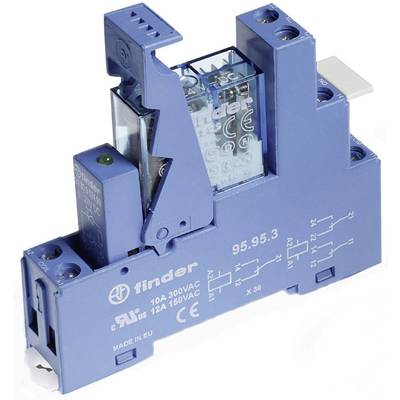 Module relais bleu de Finder avec schéma technique et marquage CE sur la surface. Adapté pour 10A 300VAC.