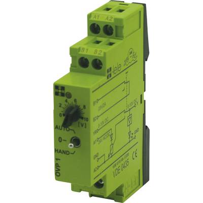 Module de relais électrique vert avec schémas de câblage et étiquettes sur la face avant.