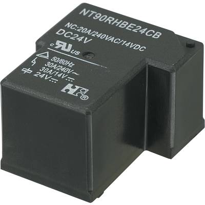 Relais électrique noir avec inscription : NT90RHBE24CB, courant nominal 20A/240VAC/24VDC, certificats du fabricant et de test.