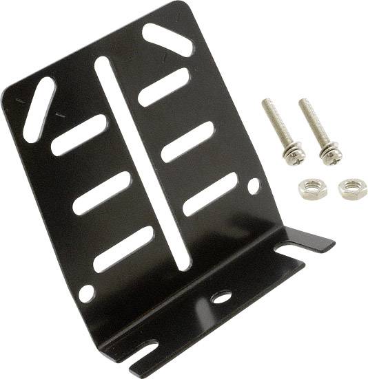 Support métallique avec plusieurs fentes rectangulaires, deux vis et deux écrous, adapté pour la fixation murale ou l'installation.