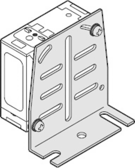 Dessin en noir et blanc d'un boîtier de prise électrique rectangulaire avec une plaque de montage latérale et deux vis de fixation.