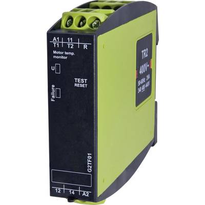 Un dispositif de surveillance de température du moteur vert portant la désignation 'TR2 400V'. Présente des bornes de connexion et un commutateur de test de réinitialisation.