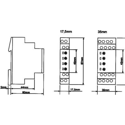 Esquisse de composants électriques avec dimensions : à gauche 60x44x5 mm, au centre 87x17,5x45 mm, à droite 87x35x45 mm. Composants côte à côte.