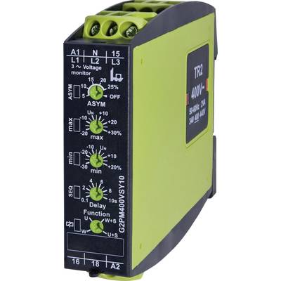 Un relais de surveillance de tension triphasé de couleur vert et noir, doté de boutons rotatifs pour le réglage de la symétrie, des valeurs maximales et minimales.