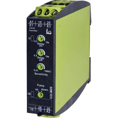 L'image montre un dispositif de surveillance de niveau vert avec plusieurs boutons rotatifs pour régler le 'Delay on', 'Delay off' et la 'Sensitivity'.