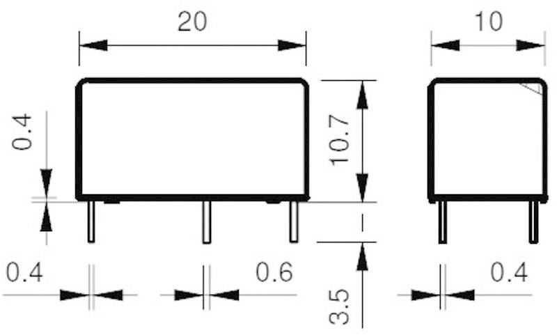 Dessin technique de deux composants électriques rectangulaires avec dimensions : À gauche 20x10,7 mm, à droite 10x10 mm, hauteur 3,5 mm.