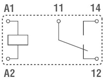 Un schéma de circuit montre un relais avec des bornes : A1, A2, 11, 12 et 14. A1 et A2 sont les bornes de la bobine ; 11, 12 et 14 sont les contacts de commutation.