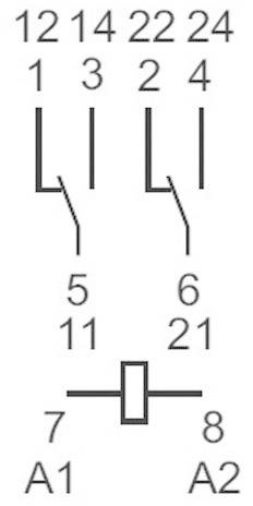Schéma de connexion avec quatre bornes sur le dessus (12, 14, 22, 24), deux bornes en bas (A1, A2) et deux connexions intermédiaires.