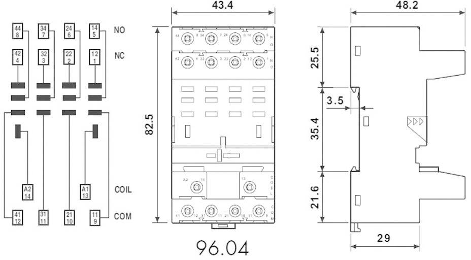 Dessin technique d'un module relais avec connexions et dimensions. À gauche : schéma de câblage. À droite : boîtier de 29 mm de profondeur, 48,2 mm de largeur.