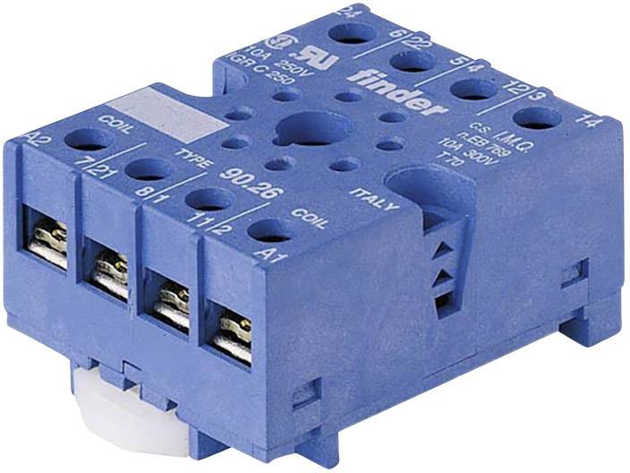 Interrupteur électrique bleu avec plusieurs bornes et étiquettes en haut, utilisé pour commander des appareils électriques, marque Finder.