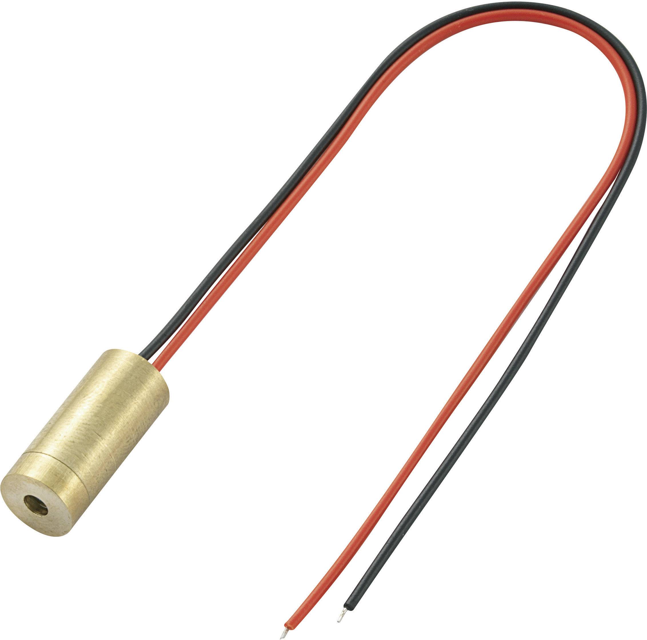 Petit laser cylindrique avec boîtier couleur laiton et deux câbles, l'un rouge et l'autre noir, pour les connexions électriques.
