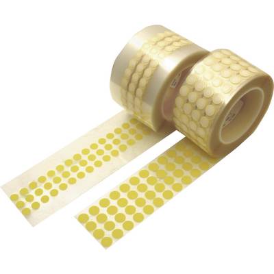 Deux rouleaux avec des étiquettes jaunes et rondes sur un papier support transparent, l'un partiellement déroulé.