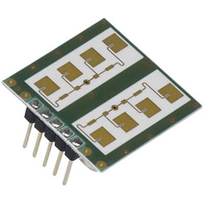 L'image montre un circuit électronique avec cinq broches et un PCB rectangulaire vert et blanc avec des pistes de connexion dorées.