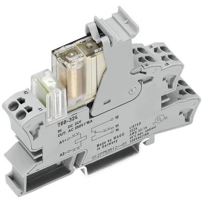 Un module de relais électrique sur un rail de support. Il affiche des informations sur la tension et le fabricant sur la surface du boîtier.