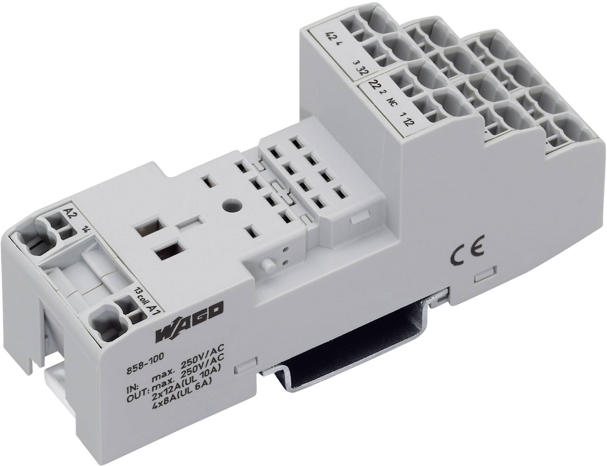 Un module de bornes à séries gris de WAGO, modèle 858-700, avec des descriptions de connexion pour les raccordements électriques et le marquage CE.