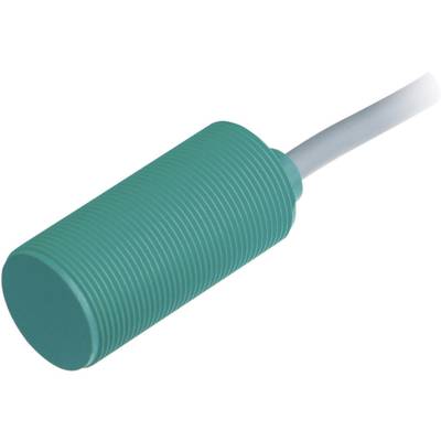 Capteur de proximité cylindrique vert avec structure cannelée et connexion de câble à l'extrémité arrière.
