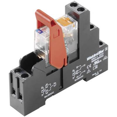 Relais électrique avec interrupteur à bascule rouge sur base noire, utilisé pour le contrôle des circuits électroniques.