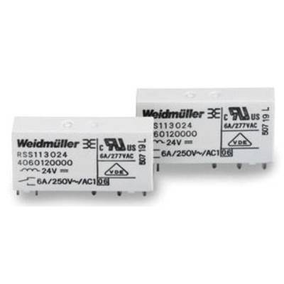 Deux relais blancs de Weidmüller avec des spécifications techniques telles que 'RSS113024', '24V=', et '6A/250V~/AC1'.