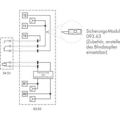 Le diagramme montre un module de sécurité 093.63 avec un circuit de protection et d'indication, remplaçant l'accessoire pour bouchons borgnes.