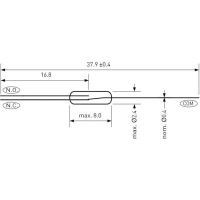 'Schéma de circuit électrique d'un composant à trois bornes : N.O., N.F. et COM ; dimensions et tolérances en mm.'