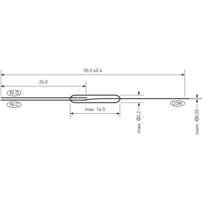 Schéma d'un interrupteur électrique avec dimensions et connexions : Longueur 55 ±0,4 mm, largeur 24,8 mm, épaisseur maximale 14,5 mm, diamètre de fil max. Ø2,2 mm. Marqué 'N.O.', 'N.C.', 'COM'.