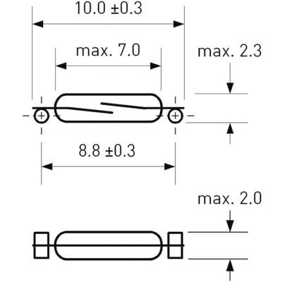 Dessin technique d'un petit composant avec des dimensions de 10,0 ±0,3 mm de longueur et une hauteur maximale de 2,3 mm. Deux vues.