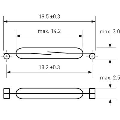 'Dessin technique d'un composant cylindrique avec dimensions : longueur 19,5±0,3 mm, largeur max. 14,2 mm, hauteur max. 3 mm et max. 2,5 mm.'