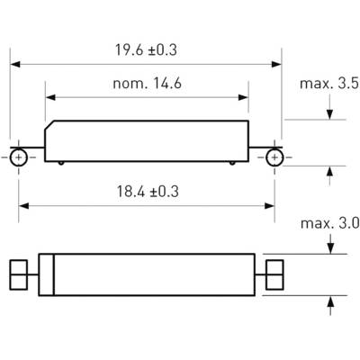 Dessin technique d'un composant rectangulaire avec les dimensions suivantes : longueur 19,6 mm, largeur 14,6 mm, hauteur 3,0 mm. Les tolérances dimensionnelles sont indiquées.