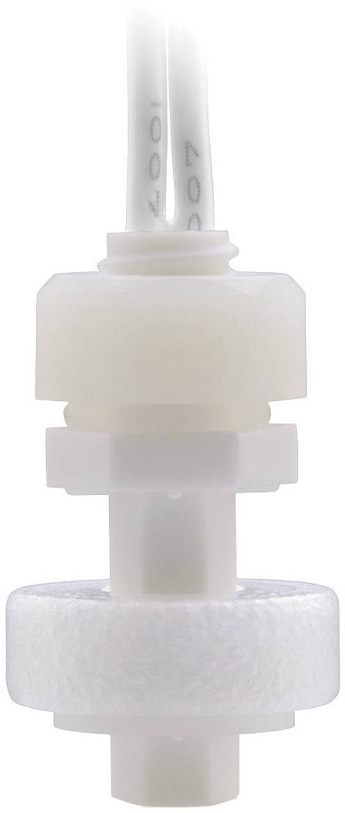 Un interrupteur à flotteur blanc en plastique qui mesure les niveaux de liquide. Deux câbles blancs sortent du dessus.