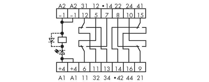 Le schéma de circuit montre un circuit avec plusieurs entrées et sorties interconnectées par différentes lignes.