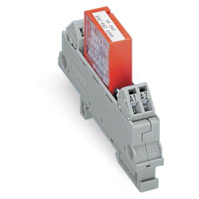 Un module relais gris avec un insert rouge, monté sur un emplacement, présente des étiquettes 'A1 A2' sur sa face supérieure.
