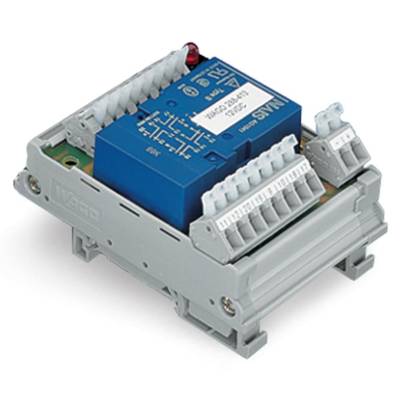 Composant électronique de circuit monté sur rail DIN, avec capot de protection bleu et de nombreuses bornes de connexion.