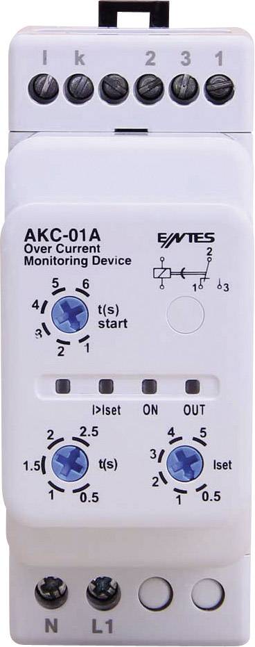 Dispositif de surveillance de surintensité AKC-01A avec boutons de réglage pour le courant et le délai. Cinq bornes de connexion sont visibles en haut de l'appareil.