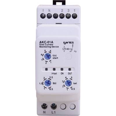 Dispositif de surveillance de surintensité AKC-01A avec boutons de réglage pour le courant et le délai. Cinq bornes de connexion sont visibles en haut de l'appareil.