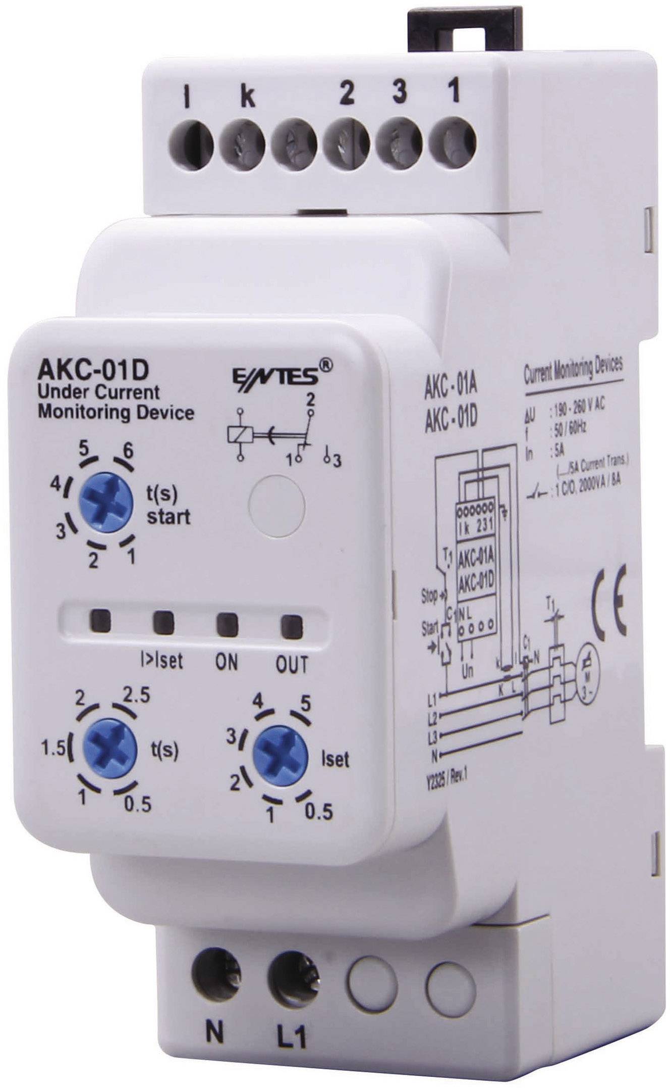 Appareil électrique blanc de surveillance avec des régulateurs à trois niveaux sur le devant. Connexions en haut et en bas. Étiquette du fabricant sur le côté.