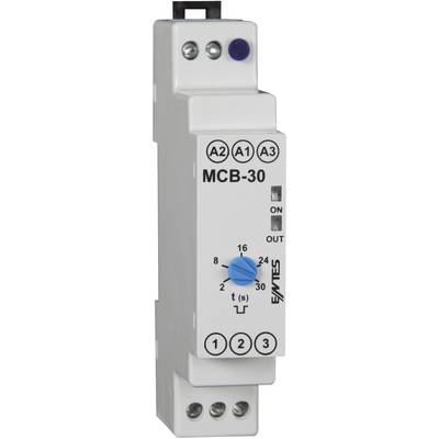 Un composant électrique blanc portant l'inscription 'MCB-30', avec un bouton bleu de réglage du délai, et des positions d'interrupteur 'ON' et 'OUT'.