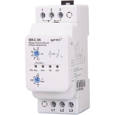 Relais de séquence de phases MKC-06 avec indicateurs de séquence de phases, tension et interrupteur marche/arrêt. Adapté pour la surveillance des systèmes triphasés.