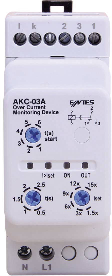 Appareil électrique de surveillance de surintensité avec boutons de réglage pour le délai de démarrage et la limite de courant, modèle AKC-03A.