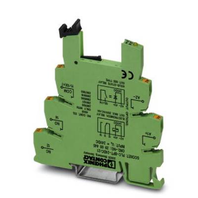 'Barrette de relais pour rail DIN vert et noir de Phoenix Contact avec étiquettes et schéma, utilisée pour la connexion de circuits électriques.'