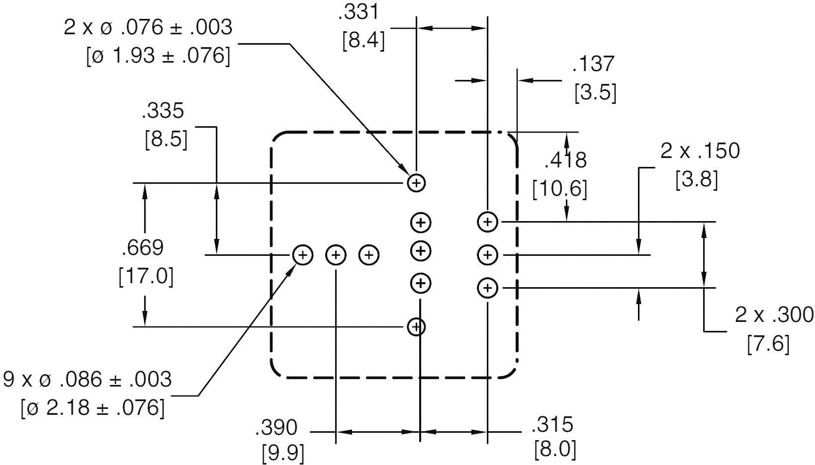 Dessin technique d'un composant carré avec dimensions et positions de perçage. Les détails comprennent des indications de longueur et de tolérances.