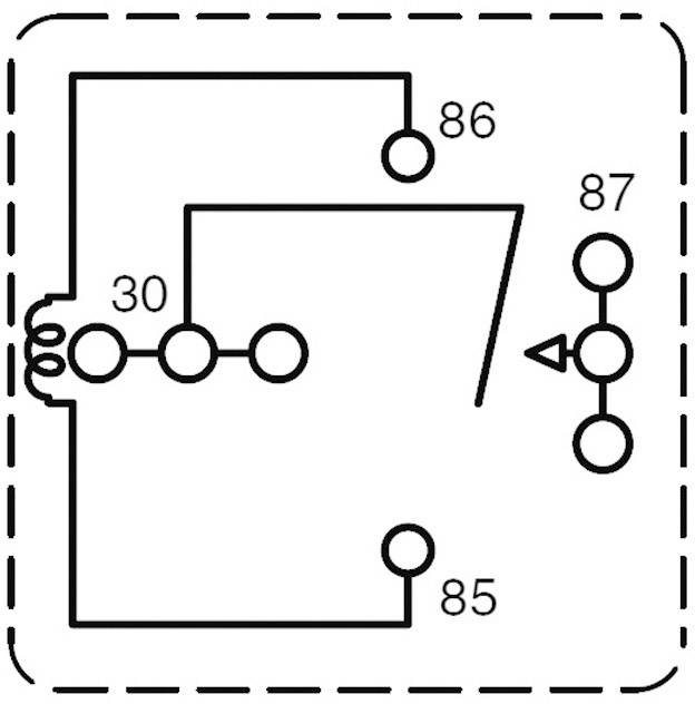 Symbole de schéma électrique d'un relais avec bornes 85, 86, 87 et 30. Montre la connexion et le mécanisme de commutation dans le circuit électrique.