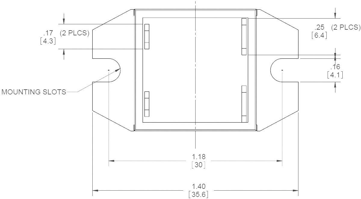 Dessin technique d'un objet rectangulaire avec des dimensions en pouces et en millimètres, incluant des fentes de fixation.