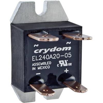 Composant électronique de type 'Crydom EL240A20-05', assemblé au Mexique. Bloc noir avec quatre bornes de cuivre saillantes.