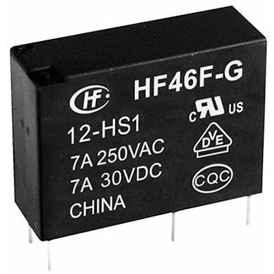'Relais électrique HF46F-G 12-HS1, 7A 250VCA, 7A 30VCC, fabriqué en Chine, avec certifications CQC, CE, UL.'
